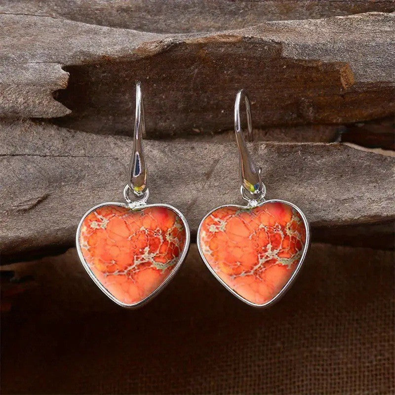 Retro Heart-Shaped Red Jasper Womens Fashionable And Unique Earrings
