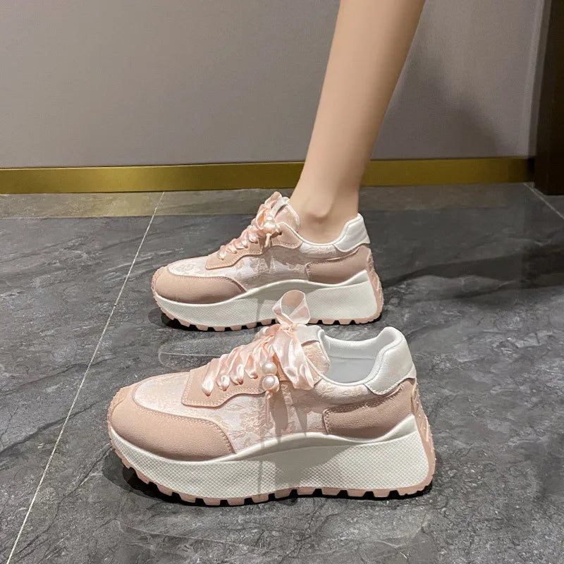 Lace-Up Platform Athletic Sneakers Mid Heel Floral Shoes