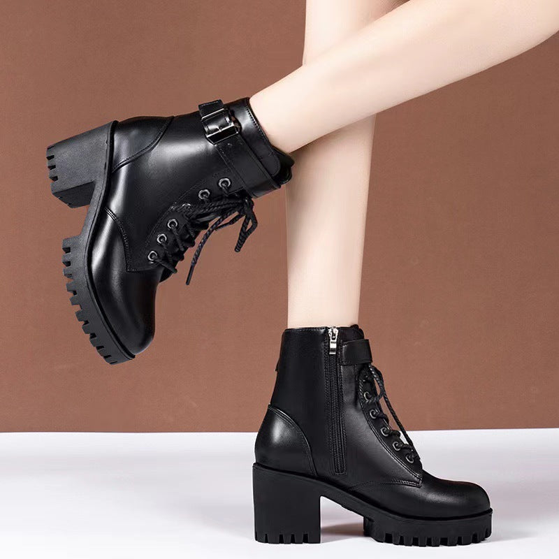 Women's Black Lace-Up Buckle Chunky Platform Combat Boots