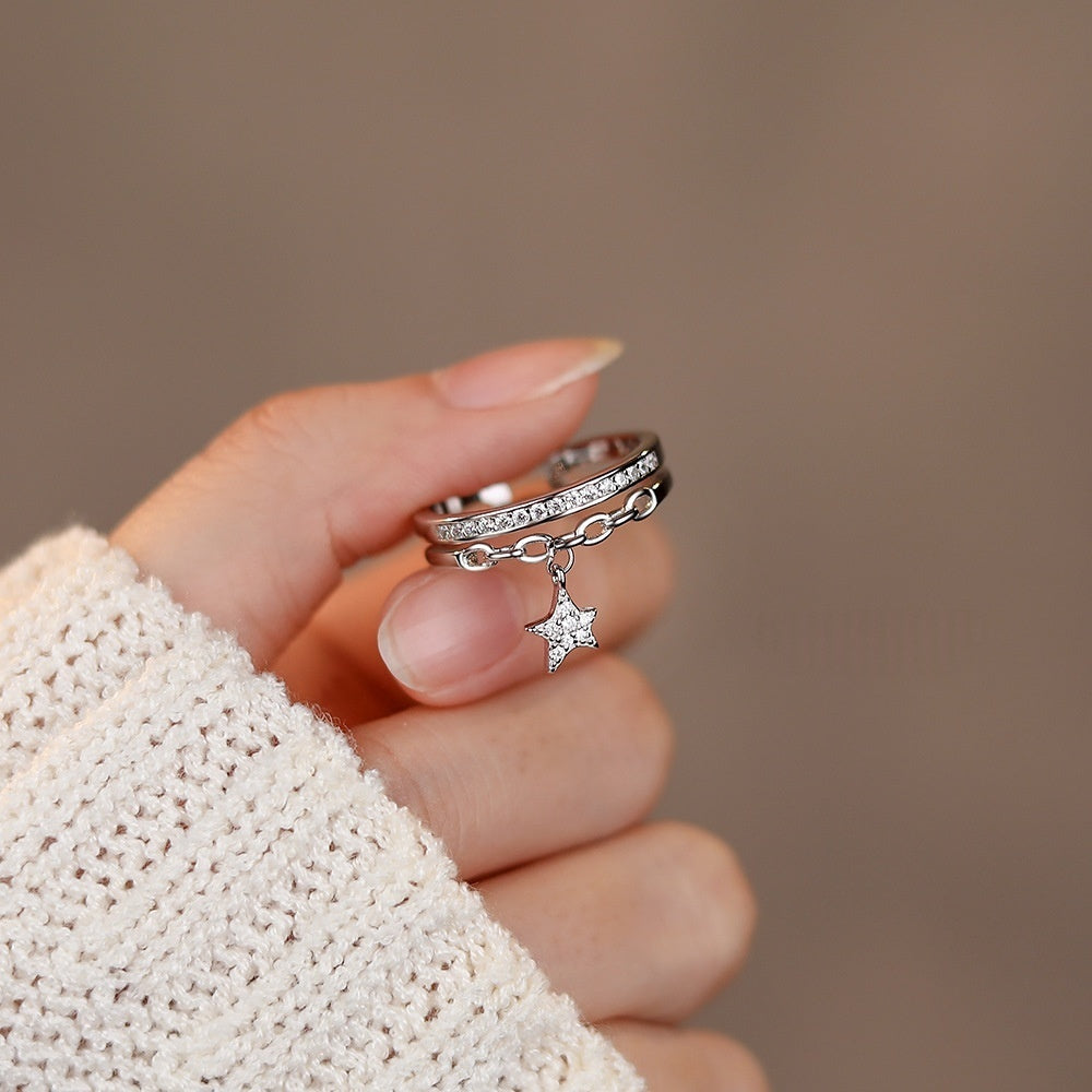 S925 Sterling Silver Micro-paved Diamond-studded Star Ring