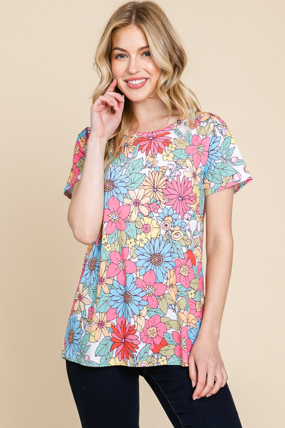 Women's Multi-Color Floral Print Casual Short Sleeve T-Shirt