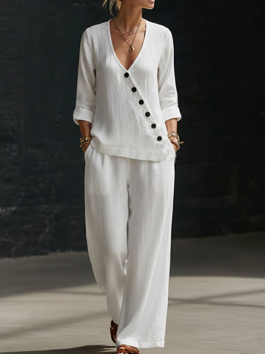 Women’s V-Neck Button-Detail Shirt and Wide-Leg Pants Set