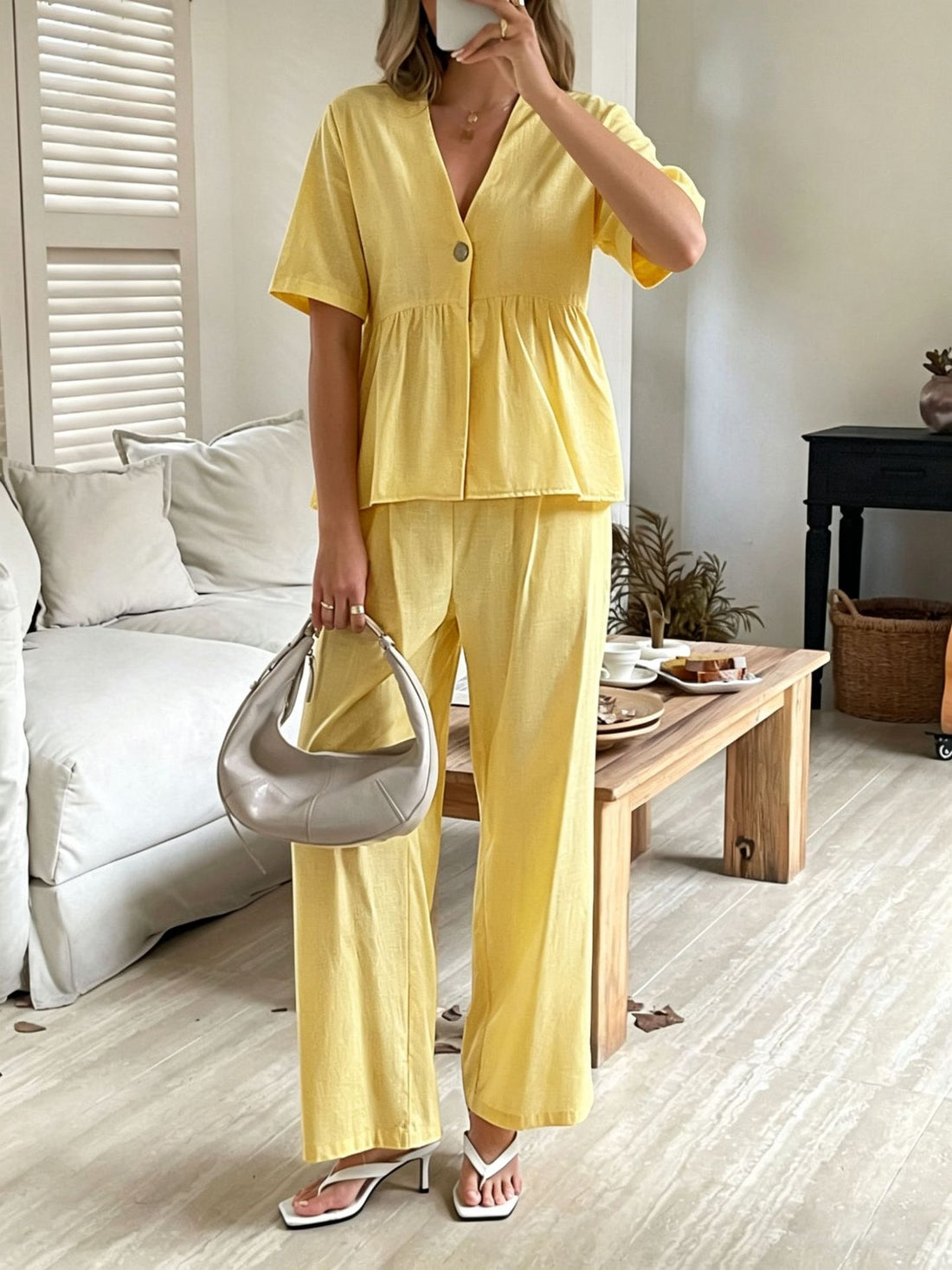 Women's V-Neck Peplum Top and Wide-Leg Pants Two Piece Set - Image 15