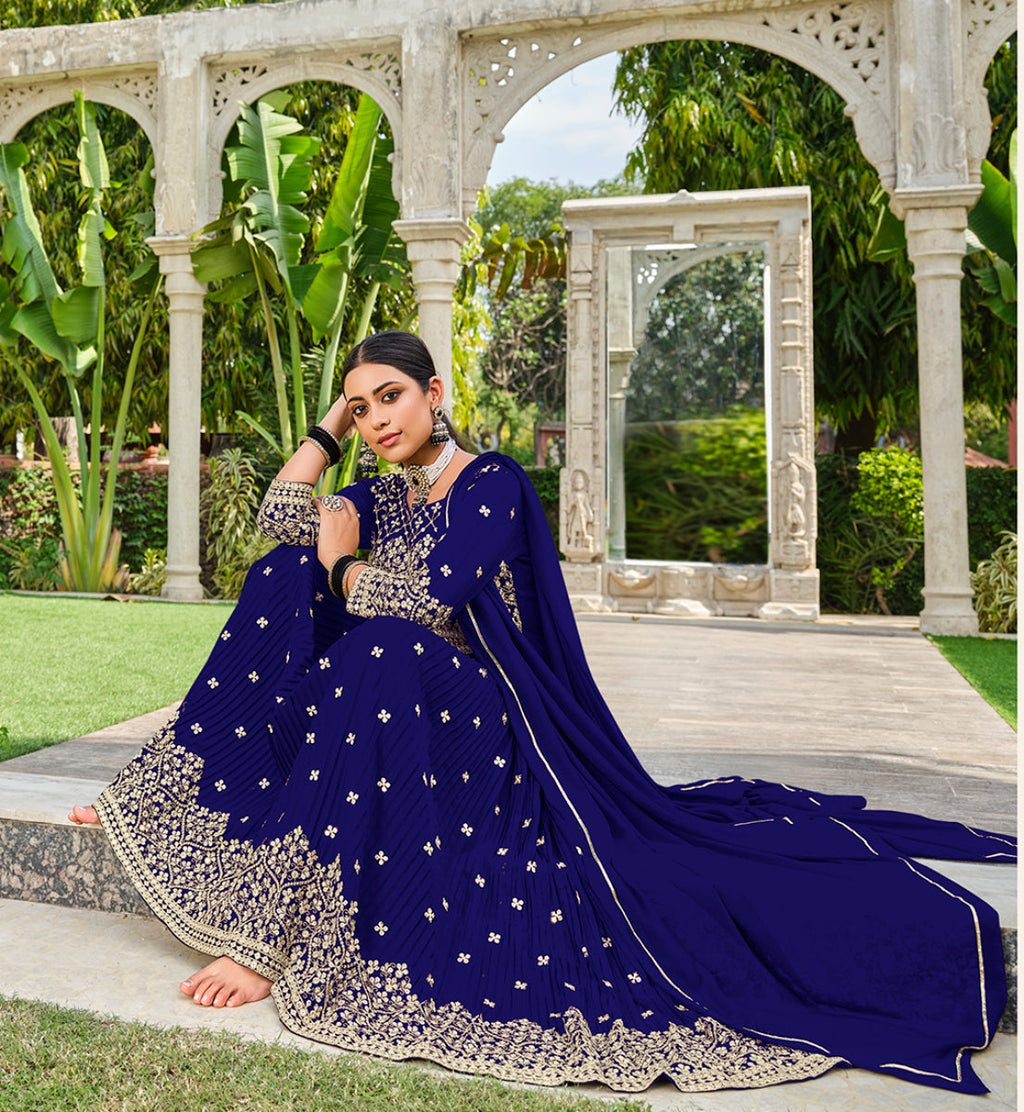 Navy Blue Georgette Sequins Work Palazzo Salwar Suit for Women