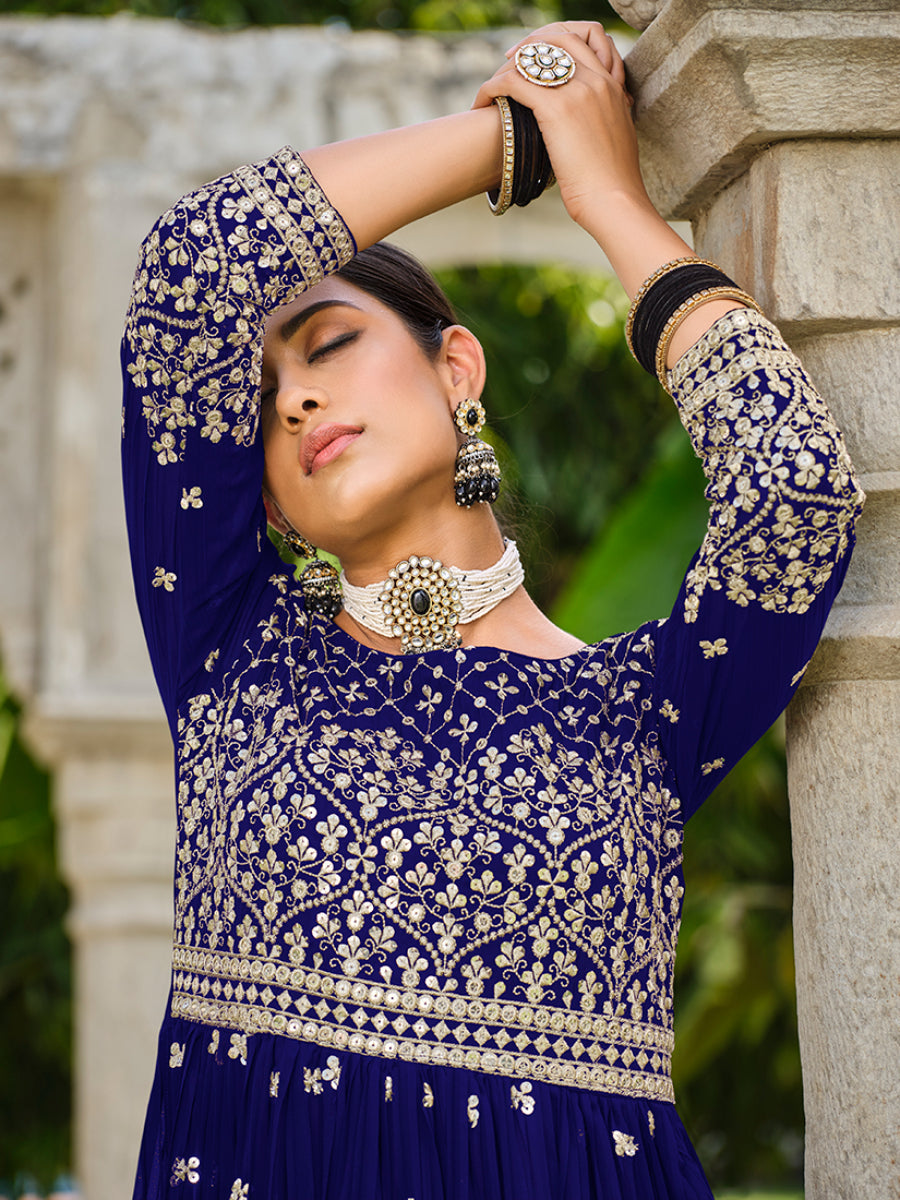 Navy blue georgette palazzo salwar suit with detailed sequins and embroidery work