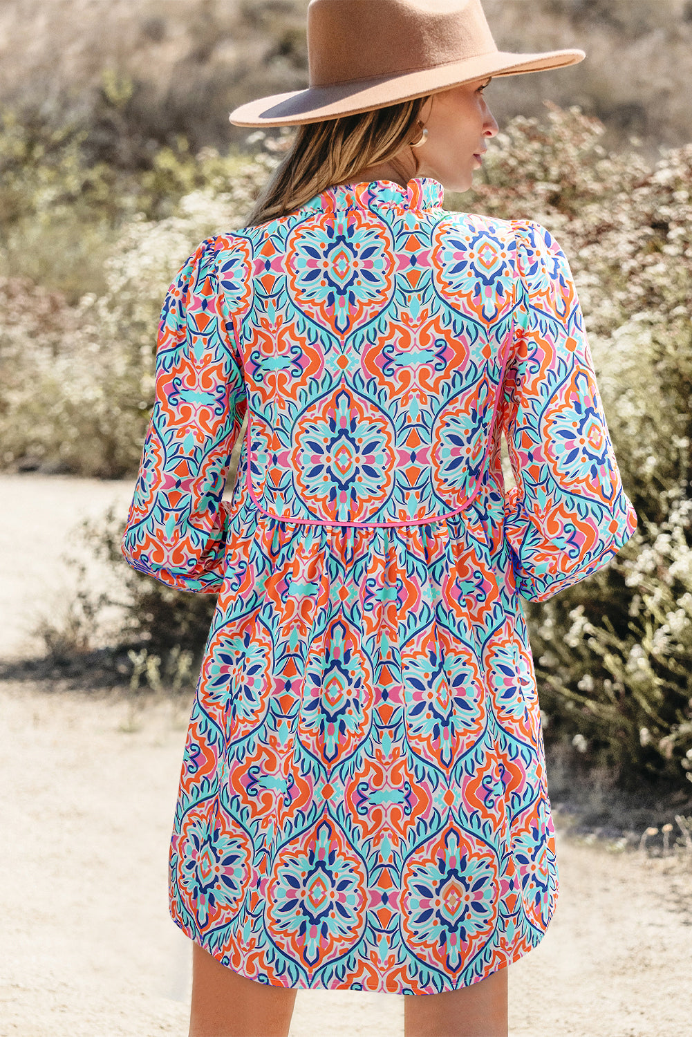 Sky Blue Abstract Printed Long Sleeve Mini Dress | Tied Neckline