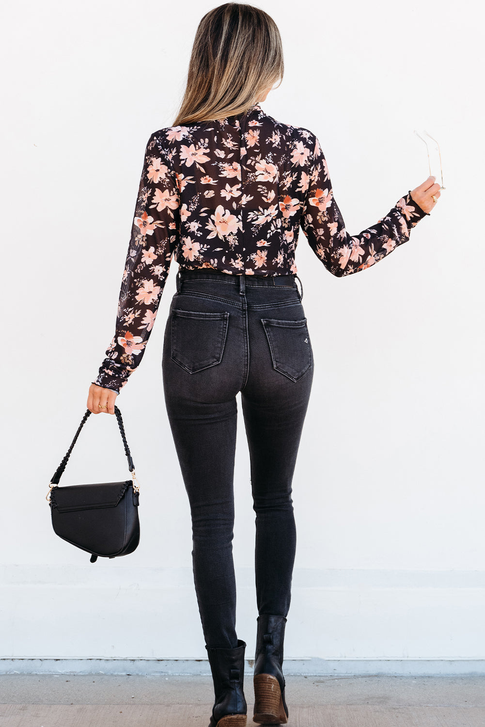 Floral Mesh Mock Neck Long Sleeve Top