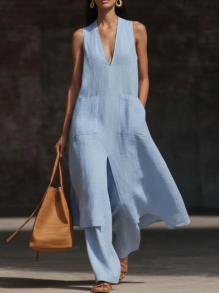 Women's V-Neck Sleeveless Linen Tunic and Wide Leg Pant Set - Image 8