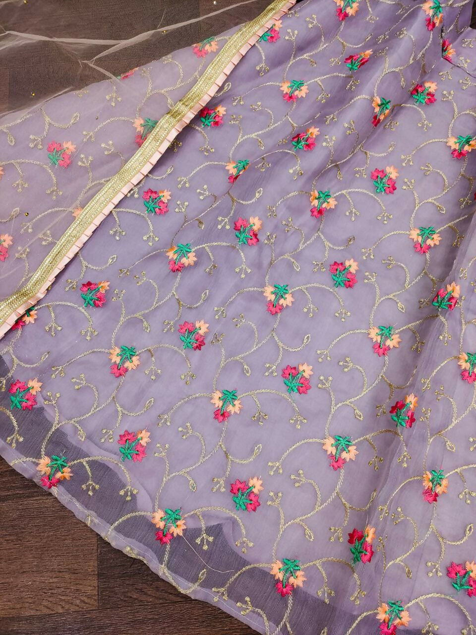 Purple Organza Silk Embroidered Kids Lehenga Choli Set