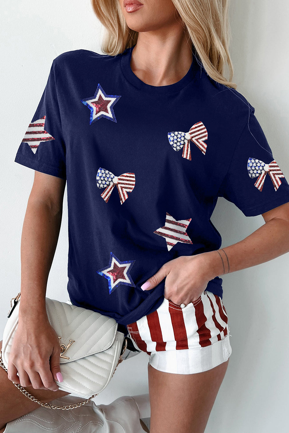 Blue Sequin USA Flag Bow Star Graphic Crewneck T-Shirt