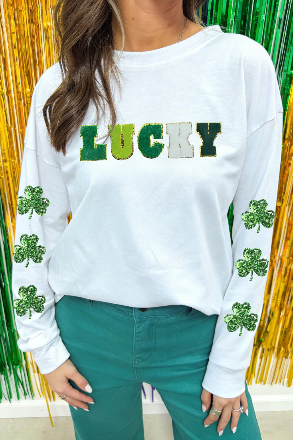 White Lucky Chenille Letter Sequin Clover Long Sleeve Top for Women