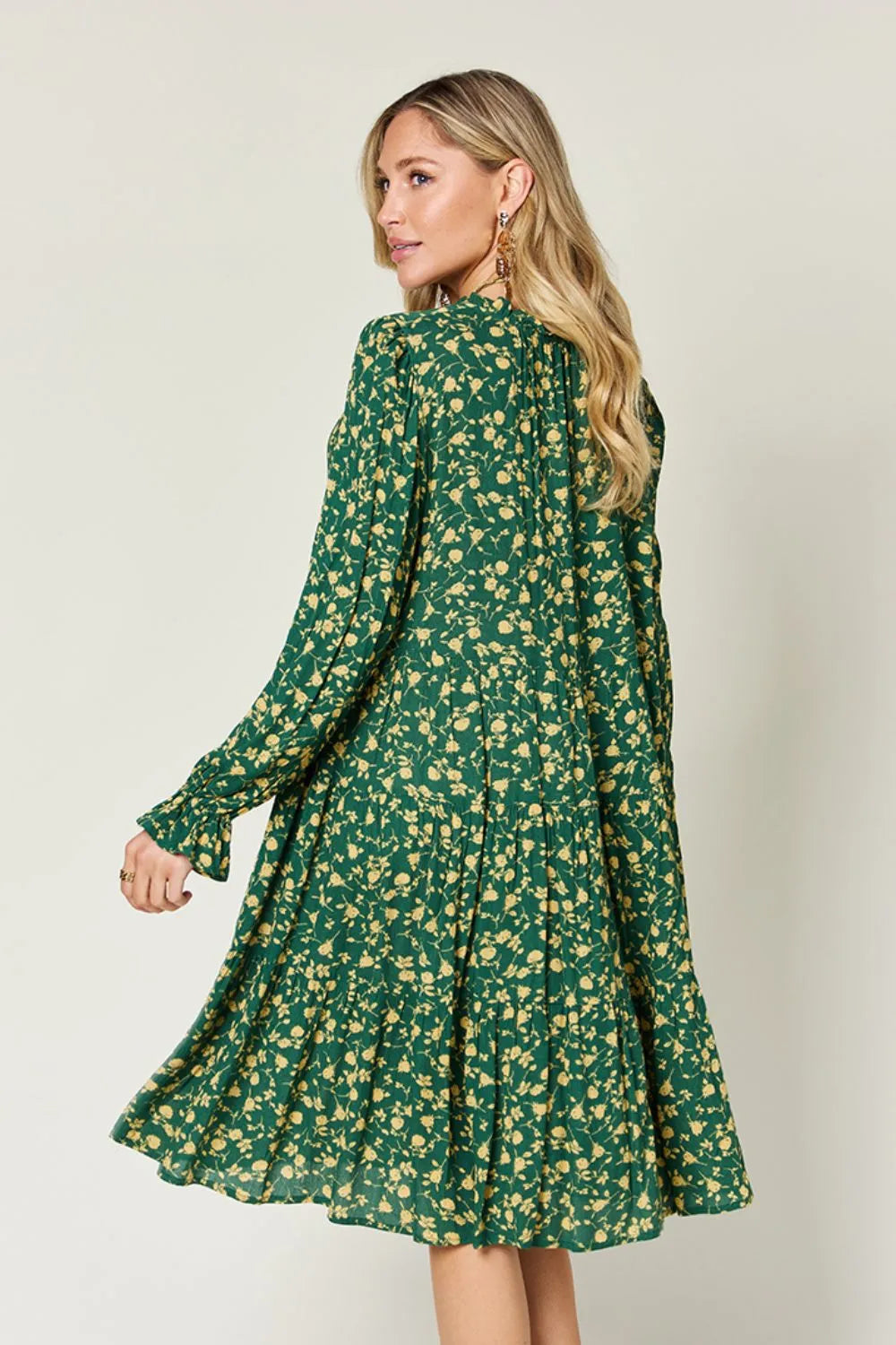 Printed Ruffle Hem Long Sleeve Tiered Midi Dress