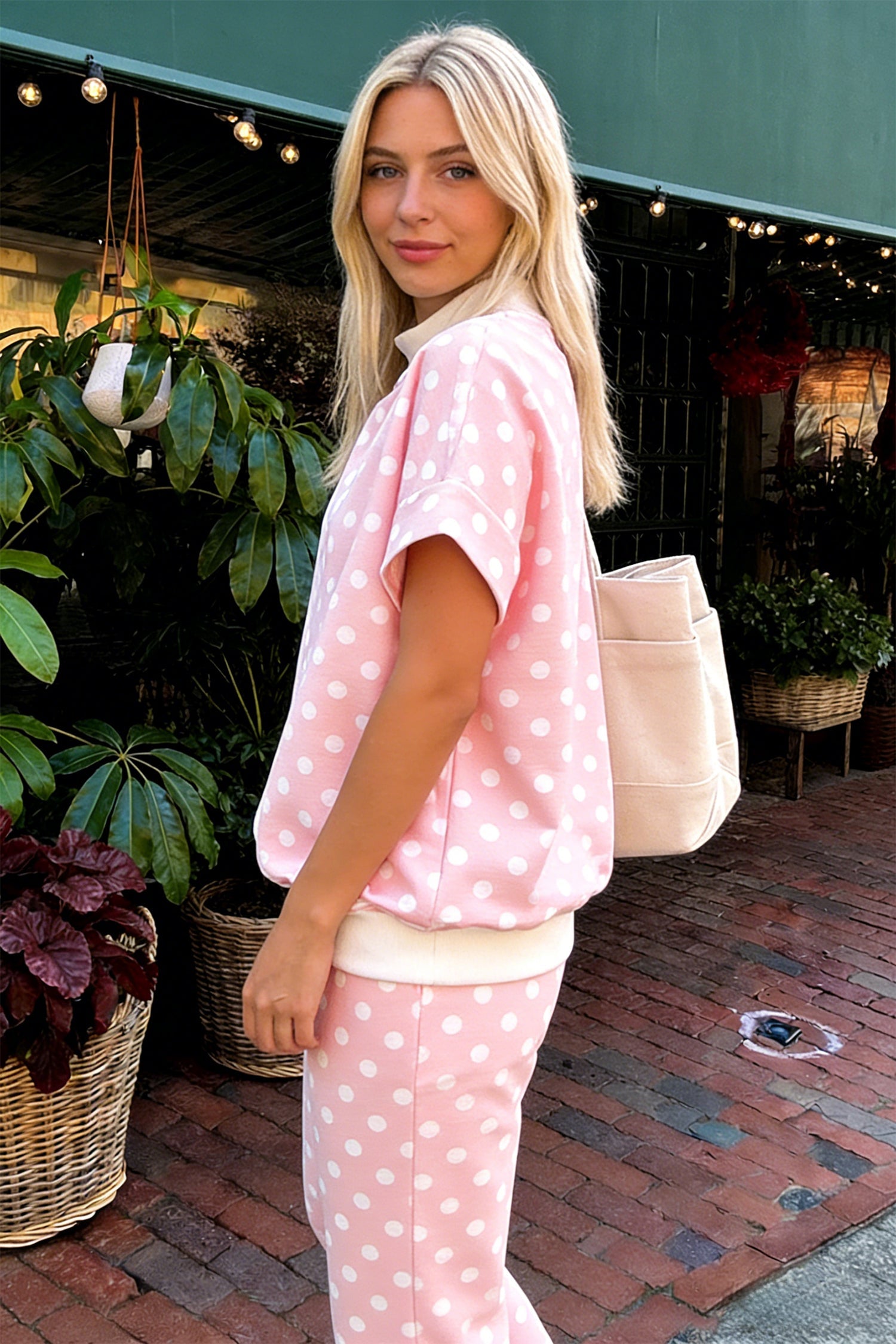 Pink Polka Dot Print Mock Neck Short Sleeve Shift Pant Set