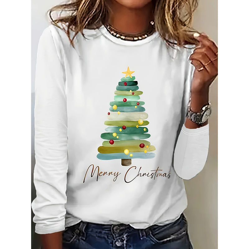 Women’s White Long Sleeve Christmas Tree Graphic T-Shirt