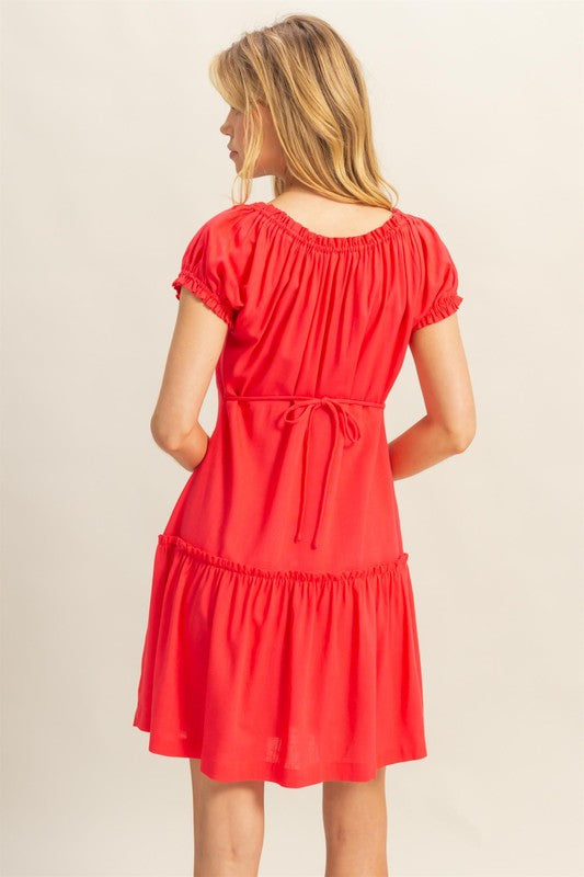 Red Ruched Frill Tiered Mini Dress for Summer