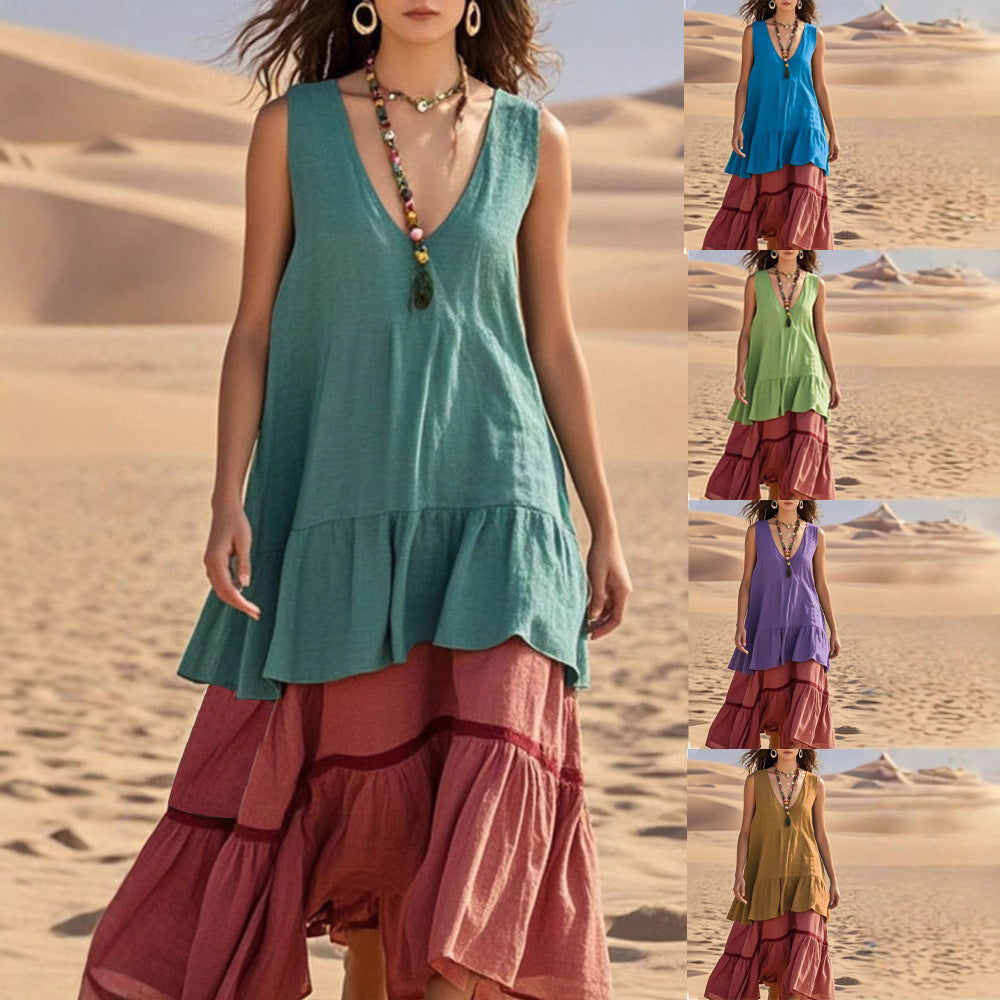 Women's Sleeveless Color-Block Patchwork Maxi Dress – V-Neck