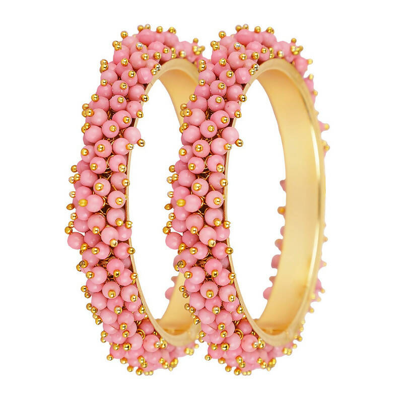 Gold-Polished Baby Pink Beads Work Bangles for Girls
