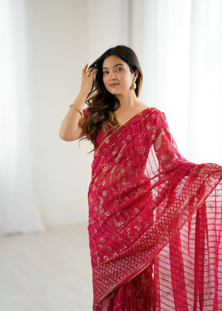 Pink Georgette Saree with Foil Work and Zalar Lace