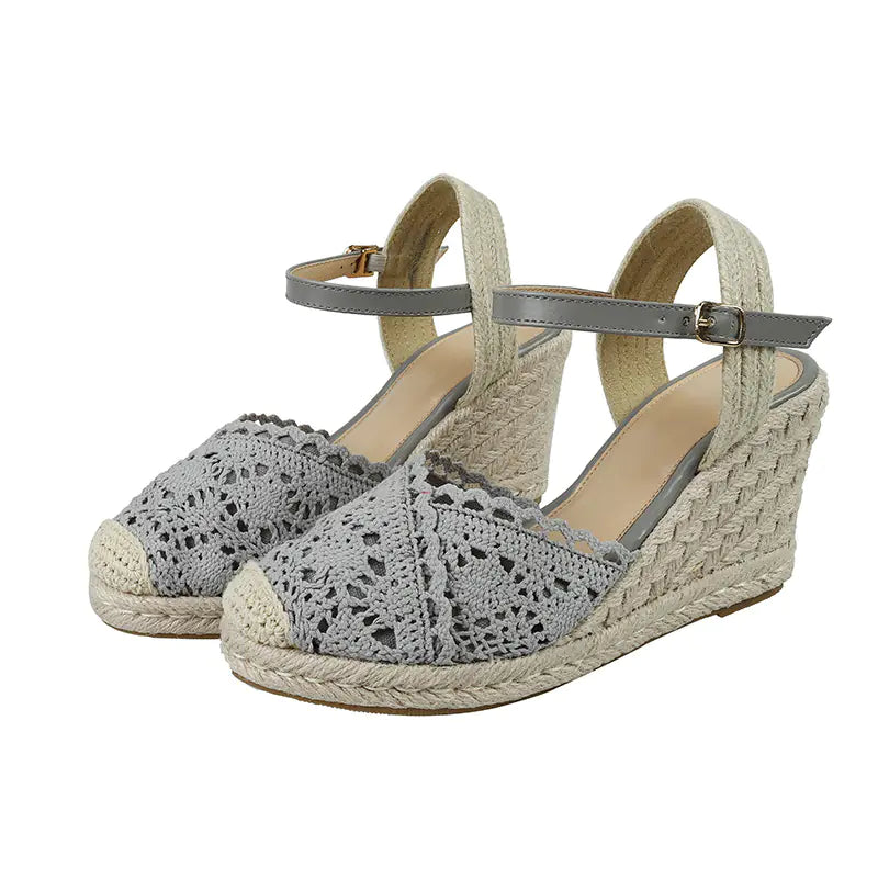 Women's Grey Crochet Platform Wedge Sandals with Ankle Strap - Image 3