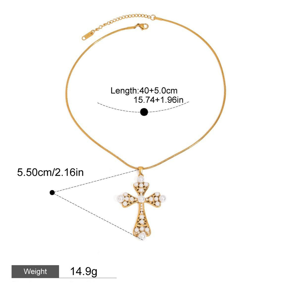 18K gold cross inlaid pearl design exquisite noble necklace