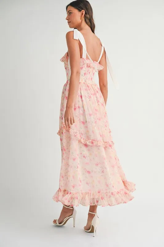 Floral Printed Shoulder Strap Midi Dress in Chiffon