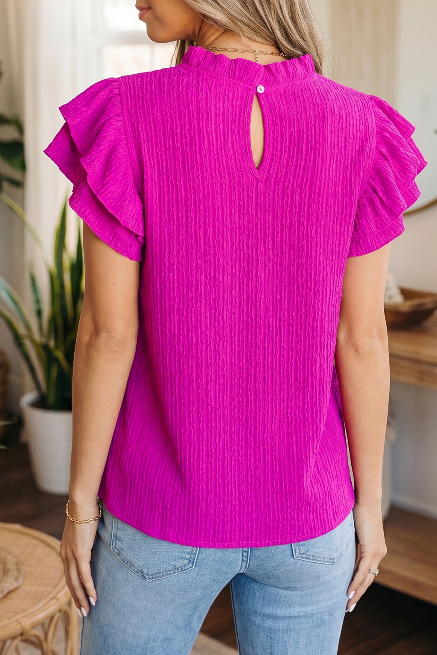 Londyn Trim Short Sleeve Blouse in Magenta Ruffle Detail