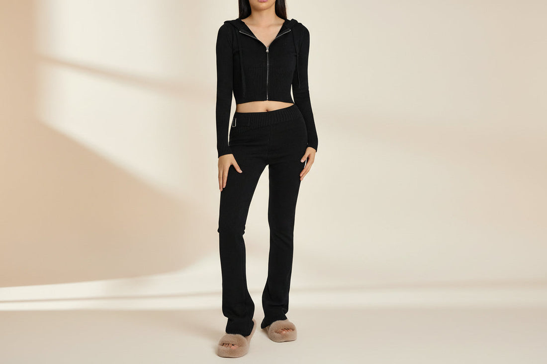 Women's Cozy Knitted 2-Piece Set - Cardigan & High-Waisted Pants