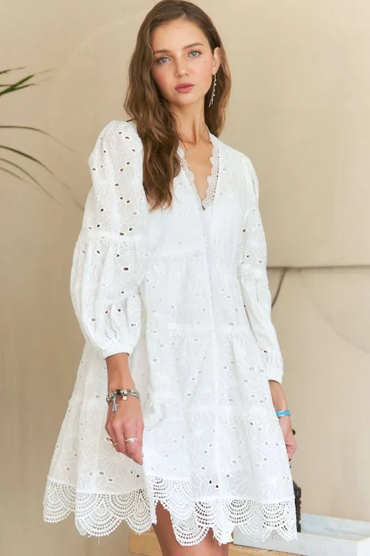 White Lace Detail Tiered Eyelet V-Neck Babydoll Dress
