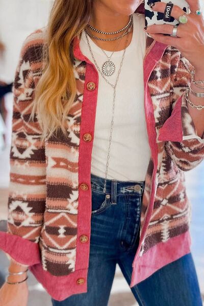 Deep Rose Geometric Print Jacket with Corduroy Trim