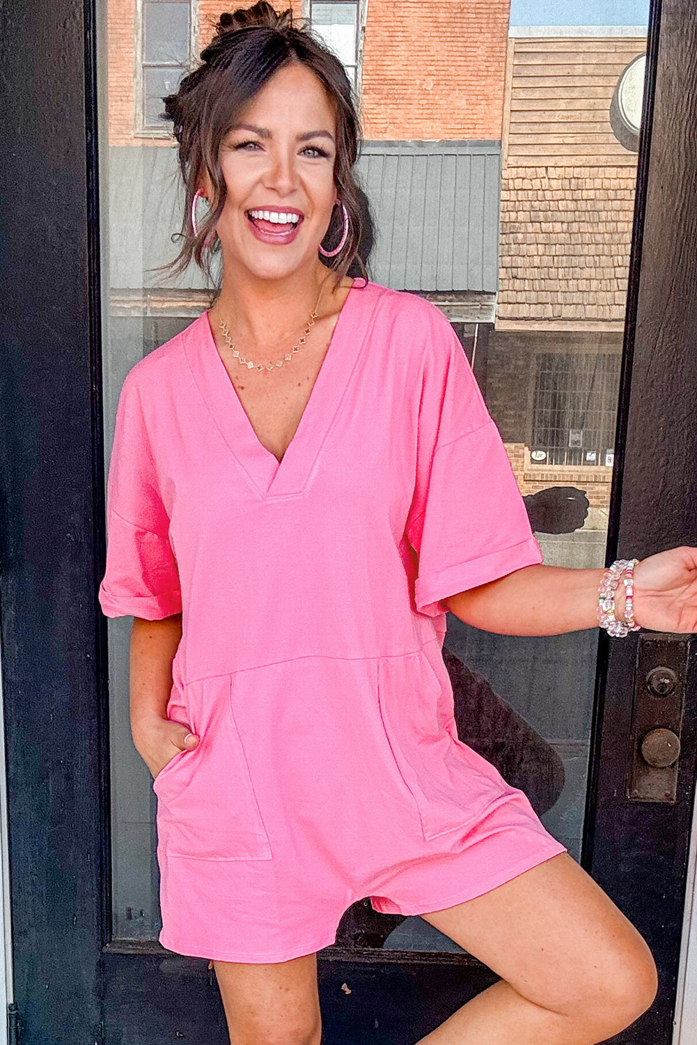 Bonbon Loose V Neck Half Sleeve Pink Mini Romper