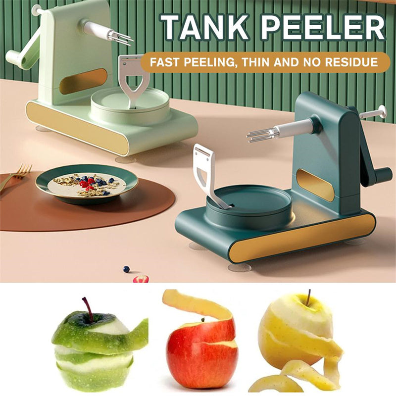 Modern minimalist hand-cranked kitchen peeler in mint-green with suction base