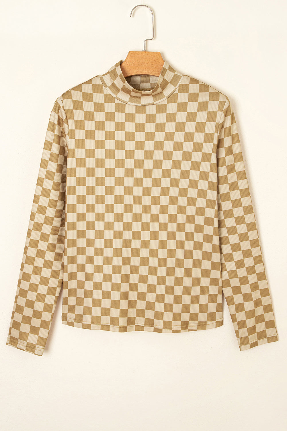Checker Ribbed Knit Turtleneck Long Sleeve Tee