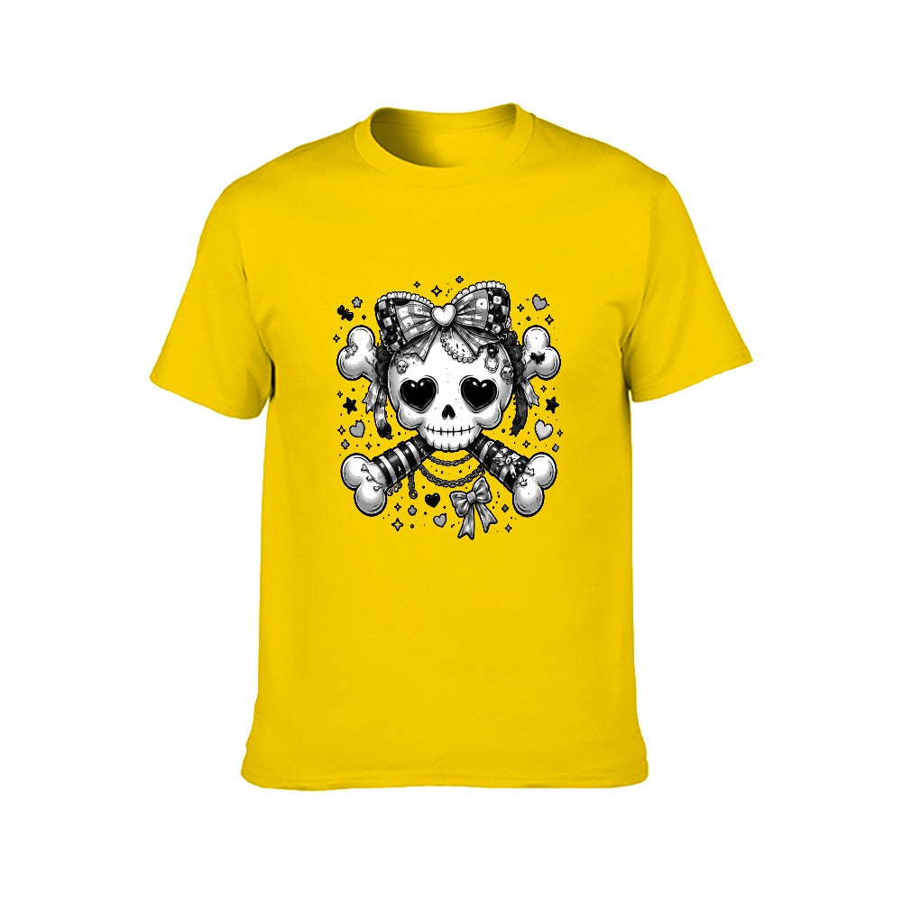 Men's yellow short sleeve t-shirt with a black and white Harajuku skull and crossbones graphic print featuring hearts and bows.