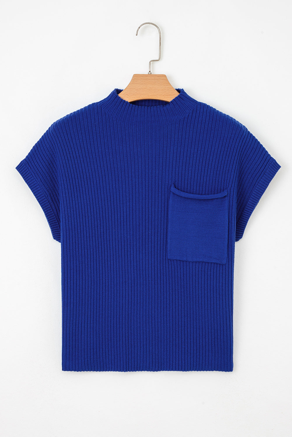 Solid Ribbed Knit Patch Pocket Short Sleeve Top