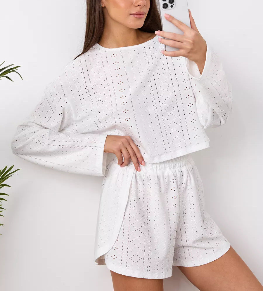 Women's Eyelet Two-Piece Shorts Set Long Sleeve Loungewear - Image 10