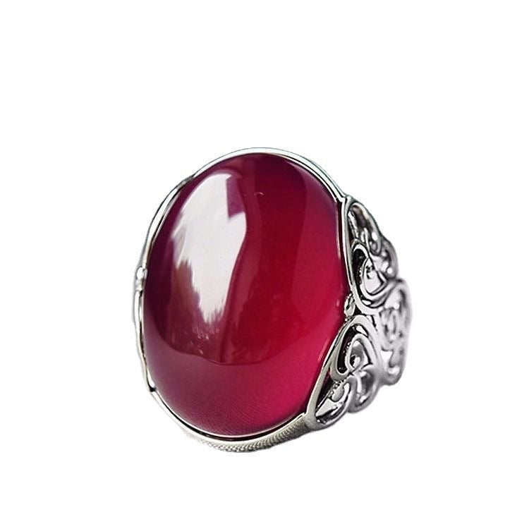 Crown Diamond Ring With Hollow Pattern, Adjustable Ethnic Style Ring, Red Agate Chalcedony, Copper Plated With White Gold, Open Ring For Women
