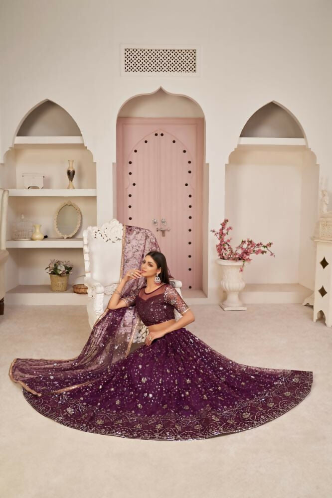 Wine Butterfly Net Lehenga with Zari and Sandwich Sequence Work