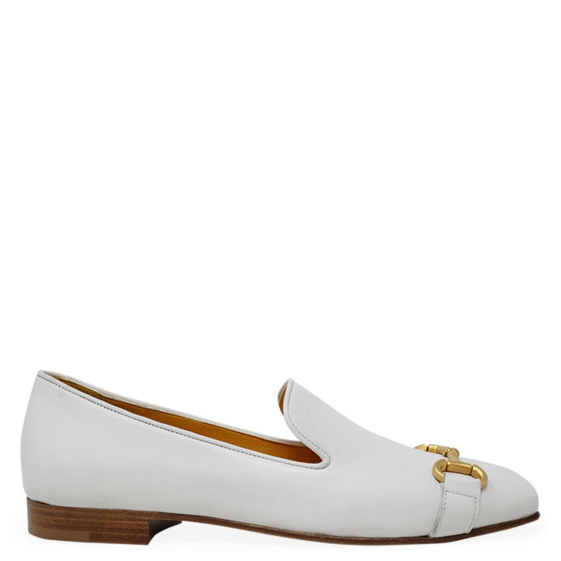 Side view and top view of white leather square toe loafers with gold horsebit detail on a white background
