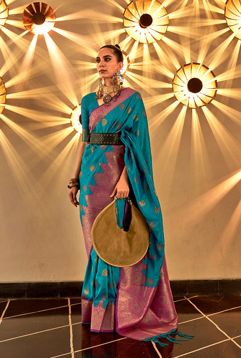 Blue handloom silk saree with classic Banarasi style weaving