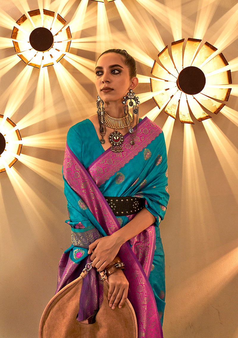 Blue Handloom Silk Banarasi Style Saree with Blouse