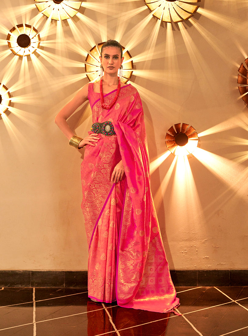 Monjolika Fashion Bright Pink Color Handloom Silk Classic Saree With Blouse