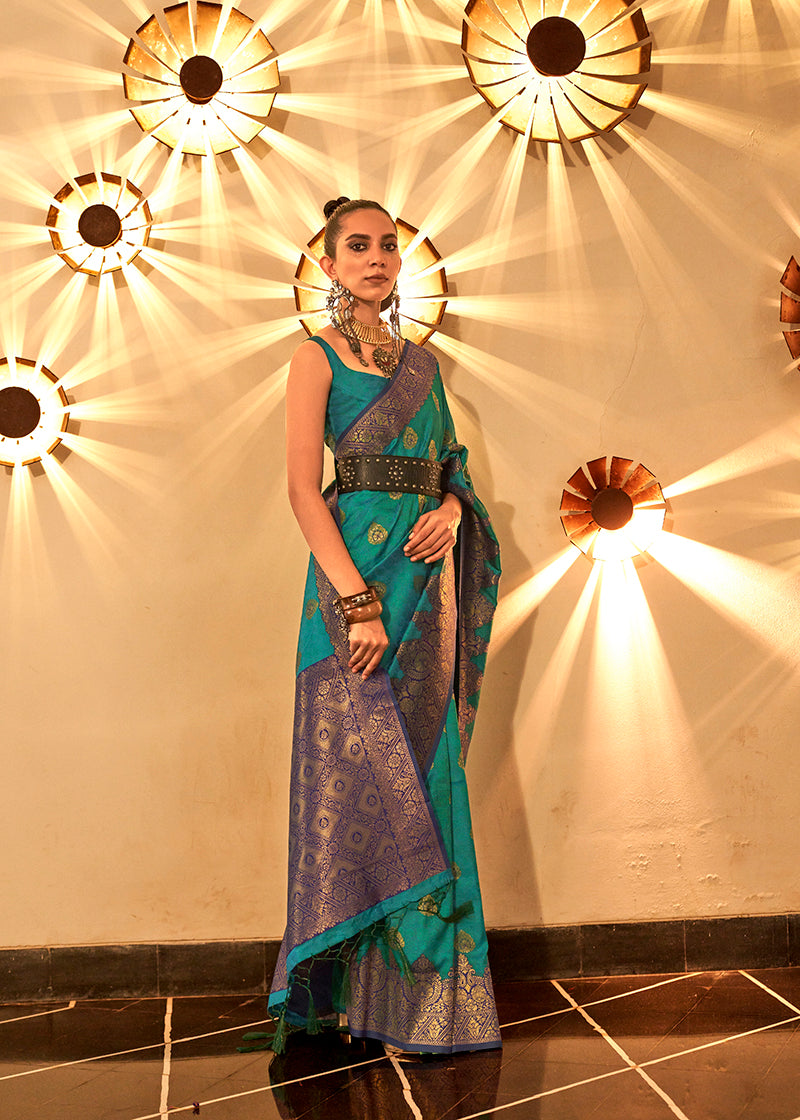 Turquoise color classic handloom silk saree with matching blouse