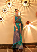 Turquoise color classic handloom silk saree with matching blouse