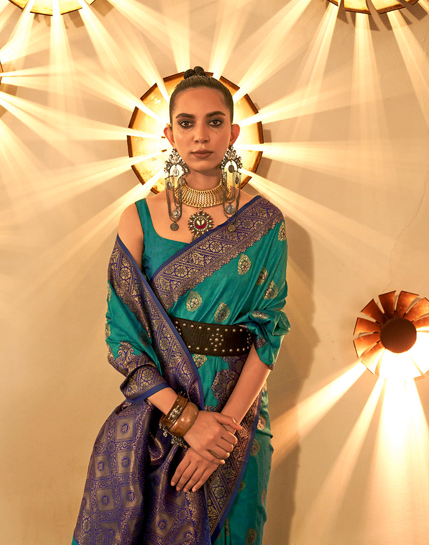 Turquoise Handloom Silk Classic Saree with Included Blouse