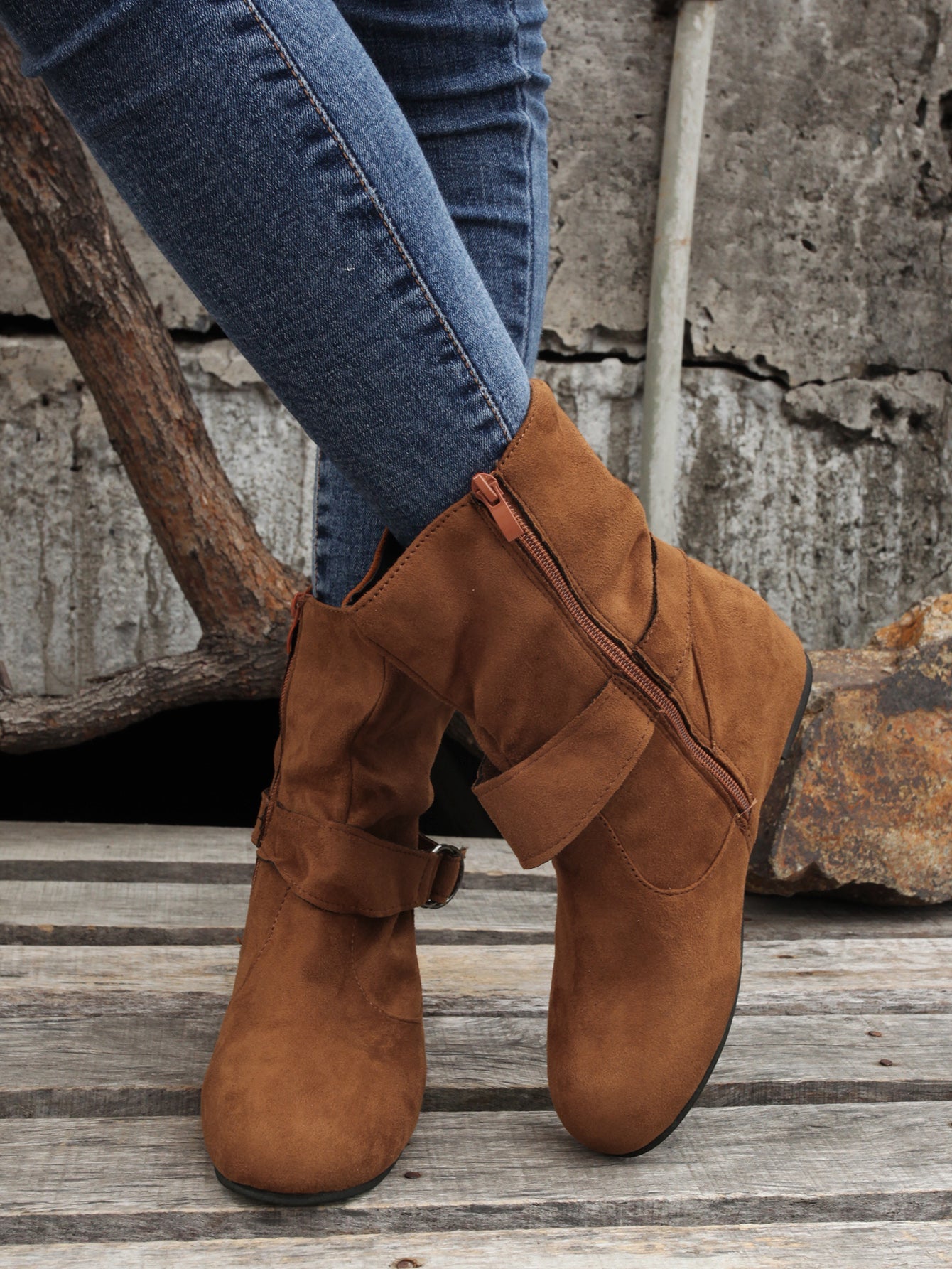 Women's Ankle Boots with Buckle Belt & Side Zip