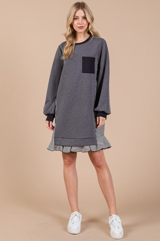 Striped Patchwork Terry Sweatshirt Dress in Charcoal