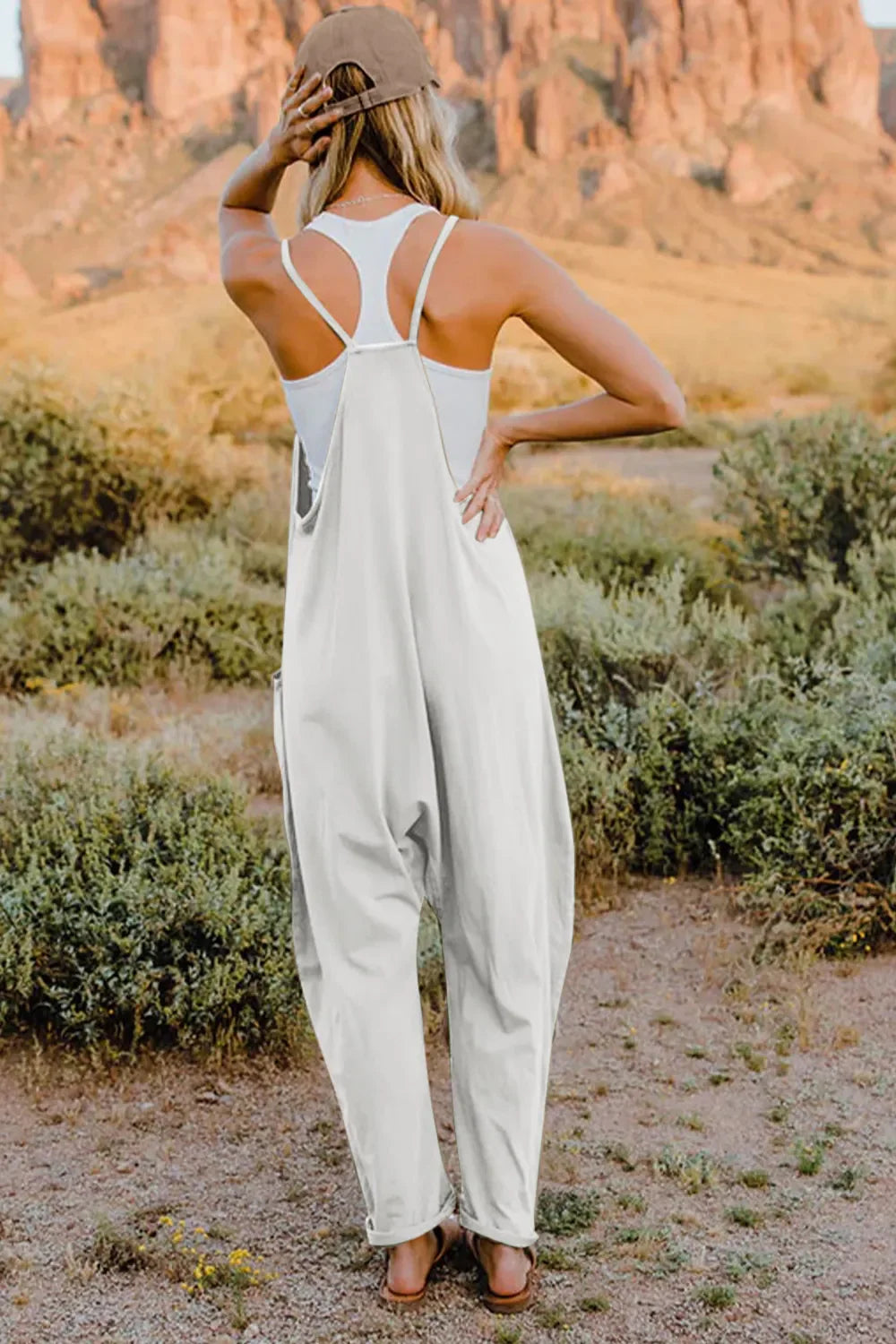V-Neck Sleeveless Jumpsuit with Pockets - Lightweight Casual Fit