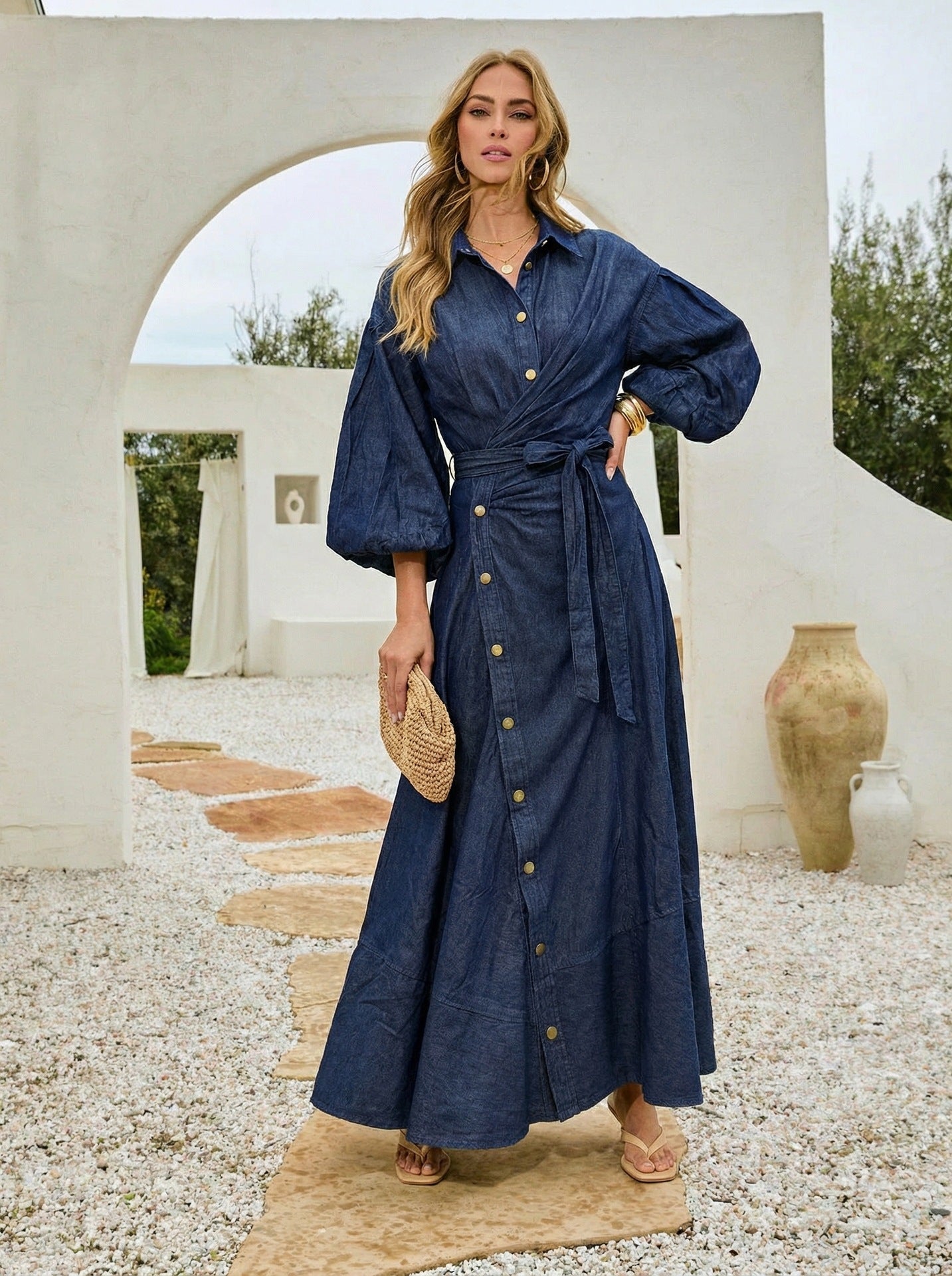 Women's Denim Puff Sleeve Shirt Dress with Belt