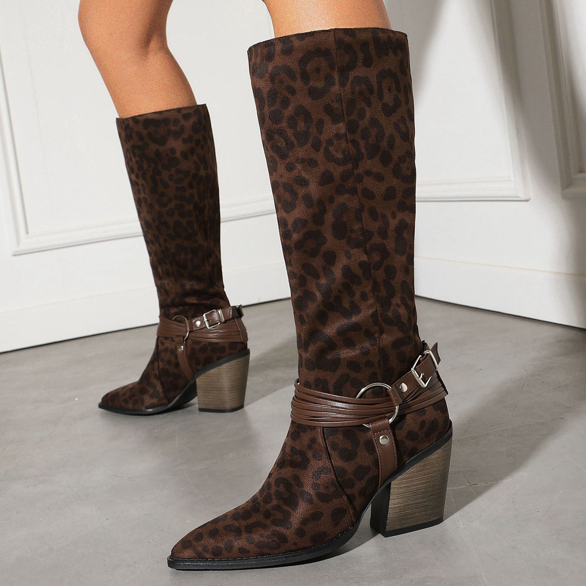 Women's Leopard Print Knee-High Western Boots | Chunky Heel & Harness Buckle