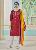 Maroon pure viscose straight kurta with weaving stripes and embroidery